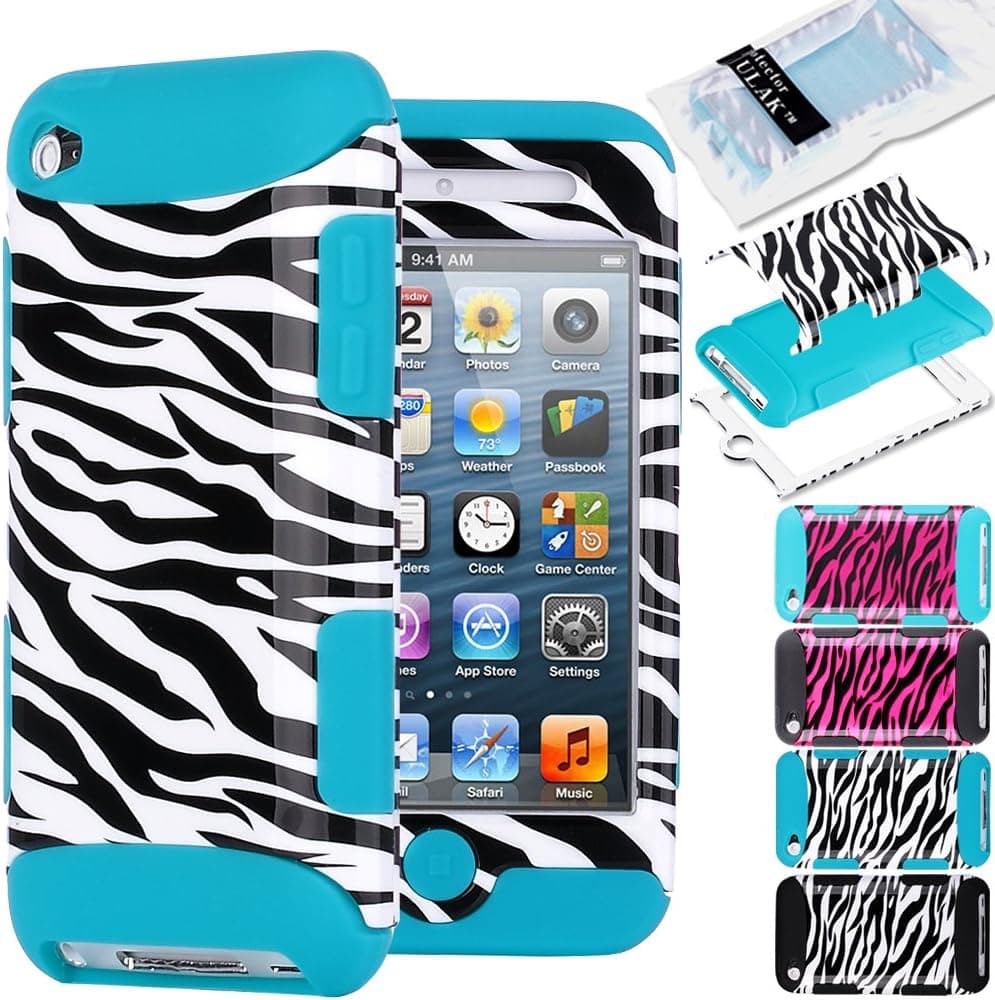 Pandamimi ULAK 3-Piece Defender Hybrid High Impact Rubber Case Cover in Zebra Pattern and Inner Soft Silicone Shell for Apple iPod Touch 4 4th Gen + Screen Protector(cleaning cloth with ULAK Logo) (Blue & Zebra Pattern)