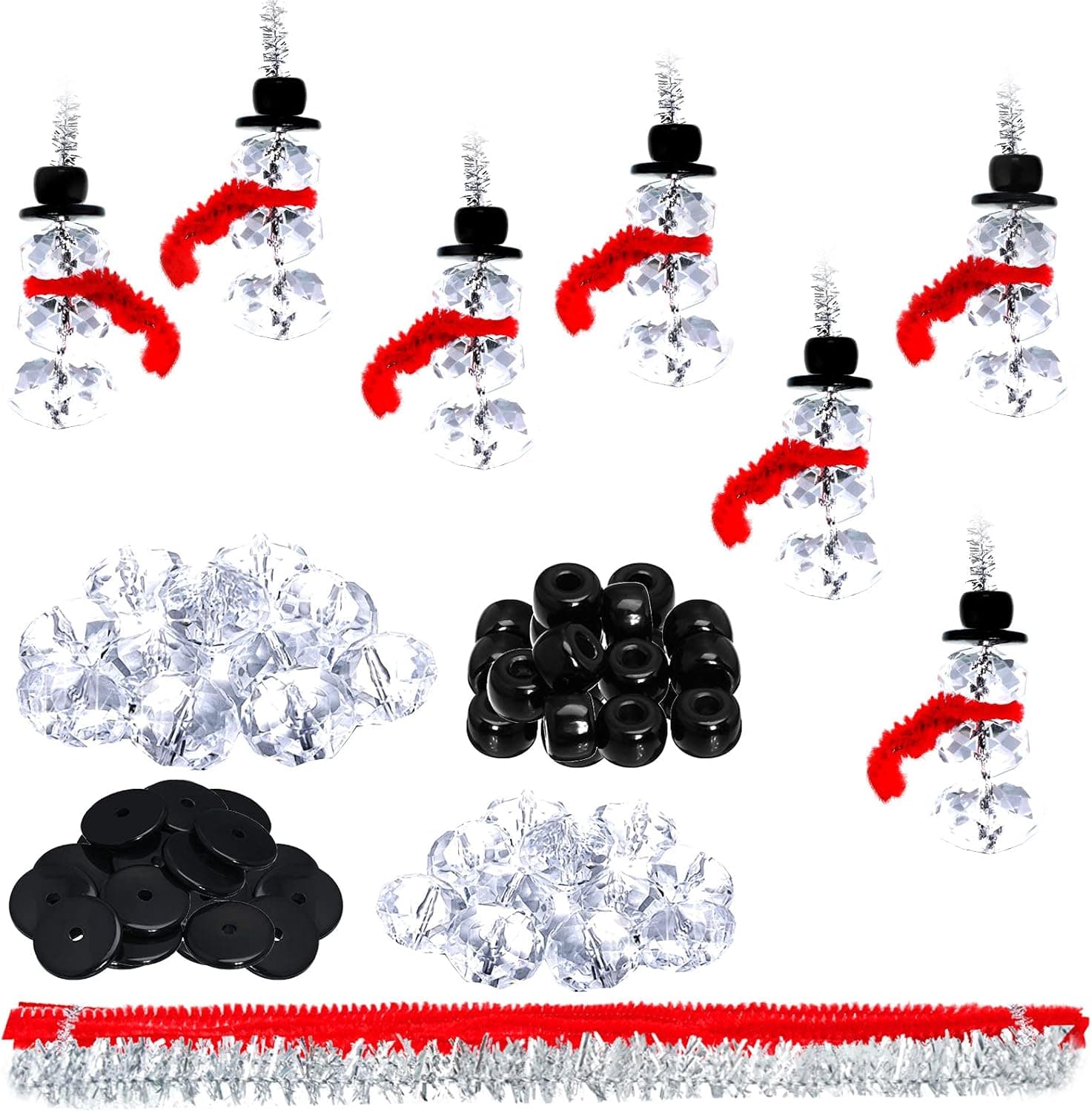 Christmas Craft Snowman Christmas Tree Ornaments 12 Set Holiday Transparent Beaded Ornaments Kits 12 Set Plastic Black Hat 12 Pieces Chenille and 1 Silver Rope for Xmas Tree Snowman Favor Supplies