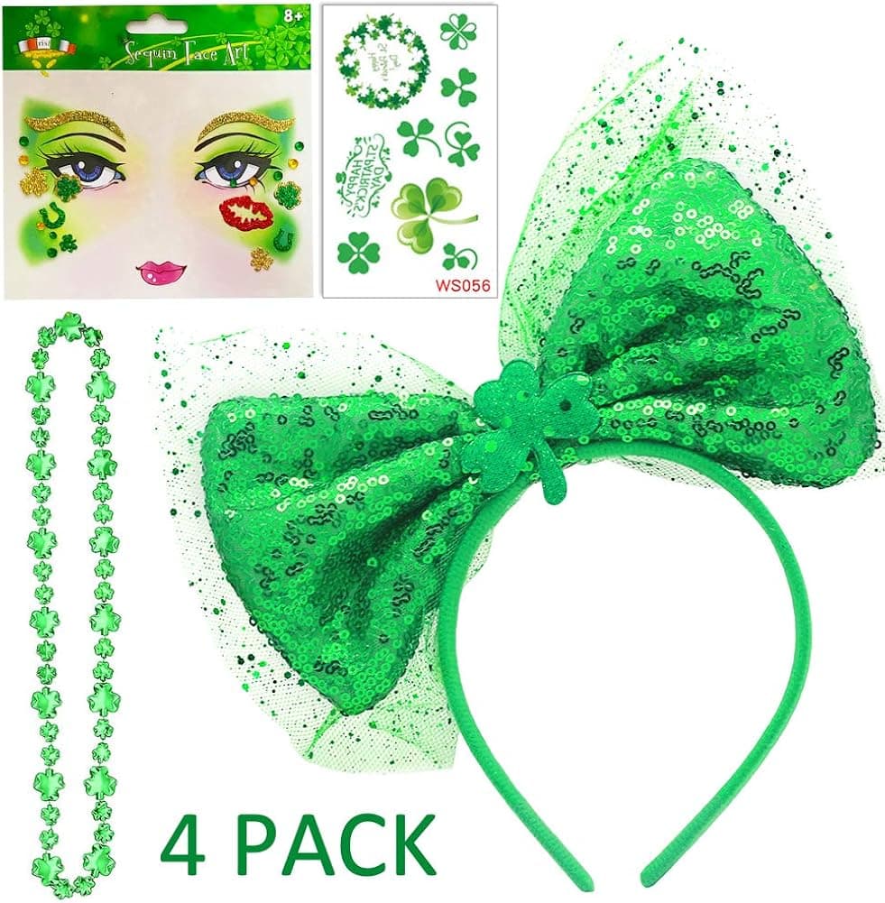 St Patrick's Day Headbad Set - Green Bow Headband & Face Glitter Rhinestones & Shamrock Necklace & Clovers Tattoos, Great Set for Girls, Women Festival Dress UP
