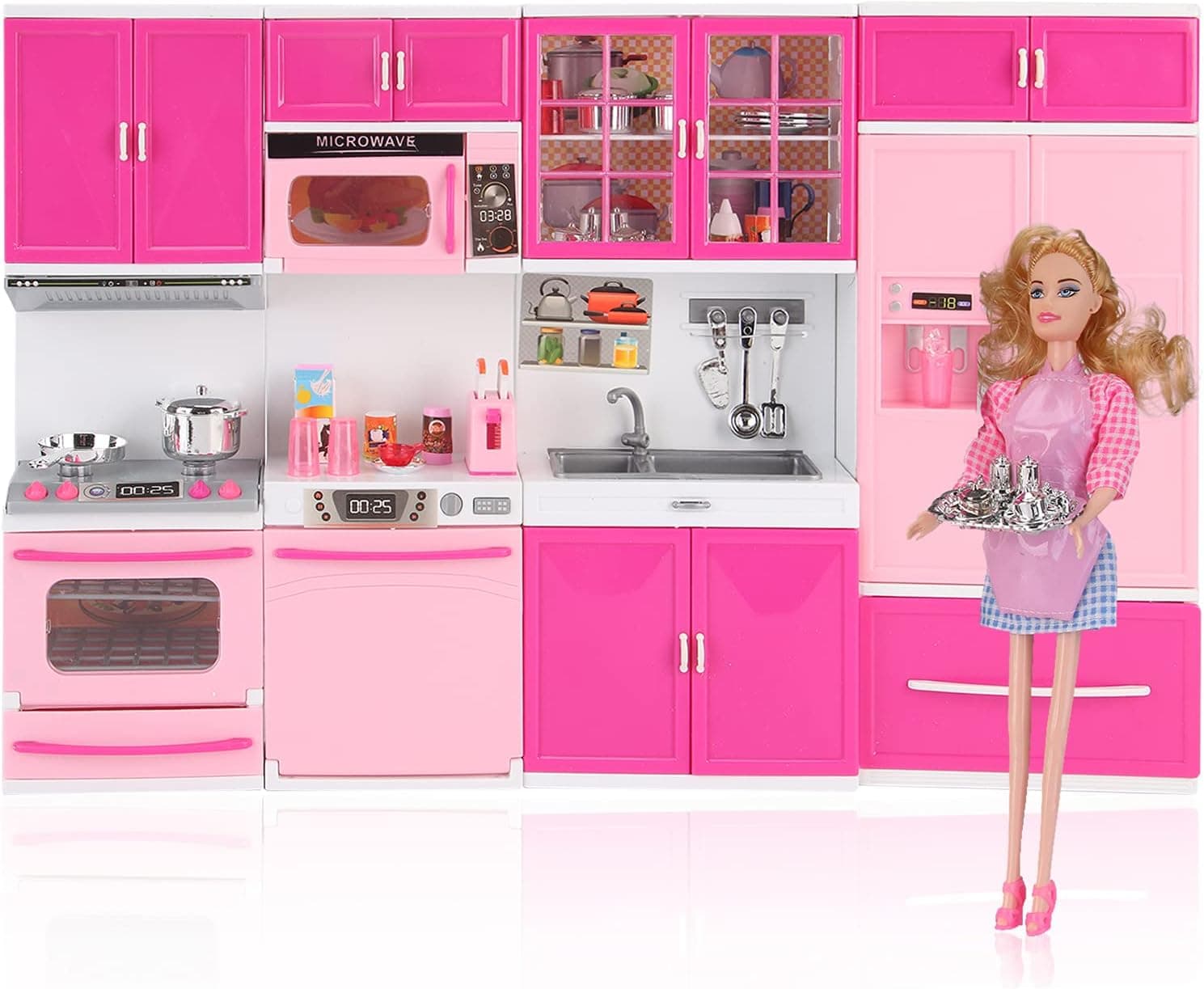 Deluxe My Modern Kitchen Mini Playset with Doll | Pink Kitchen Toys Pretend Play House Appliance Set & Accessories w/Lights & Sound for Girls, Perfect for 11-12" Dolls