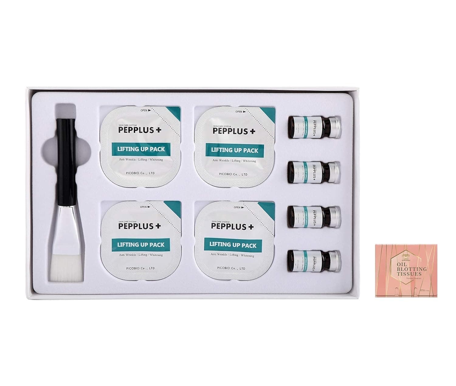 HERBLANDIA PEPPLUS Face Lifting Masks, Look Firmer, Tighter, Smoother, Evenly Toned, Make your Skin Glowing - 4pcs, Bundled with 1 Pack of Herblandia Oil Absorbing Blotting Paper