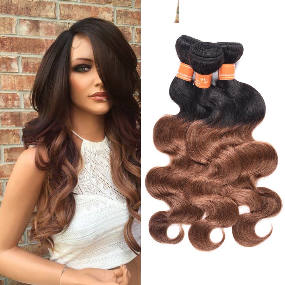 Valentines Day Gifts JulyQueen Ombre Body Wave Human Hair 3 Bundles 1B/30 Virgin Peruvian Hair Black To Auburn Color Hair Extension Bundles 10 12 14 inch