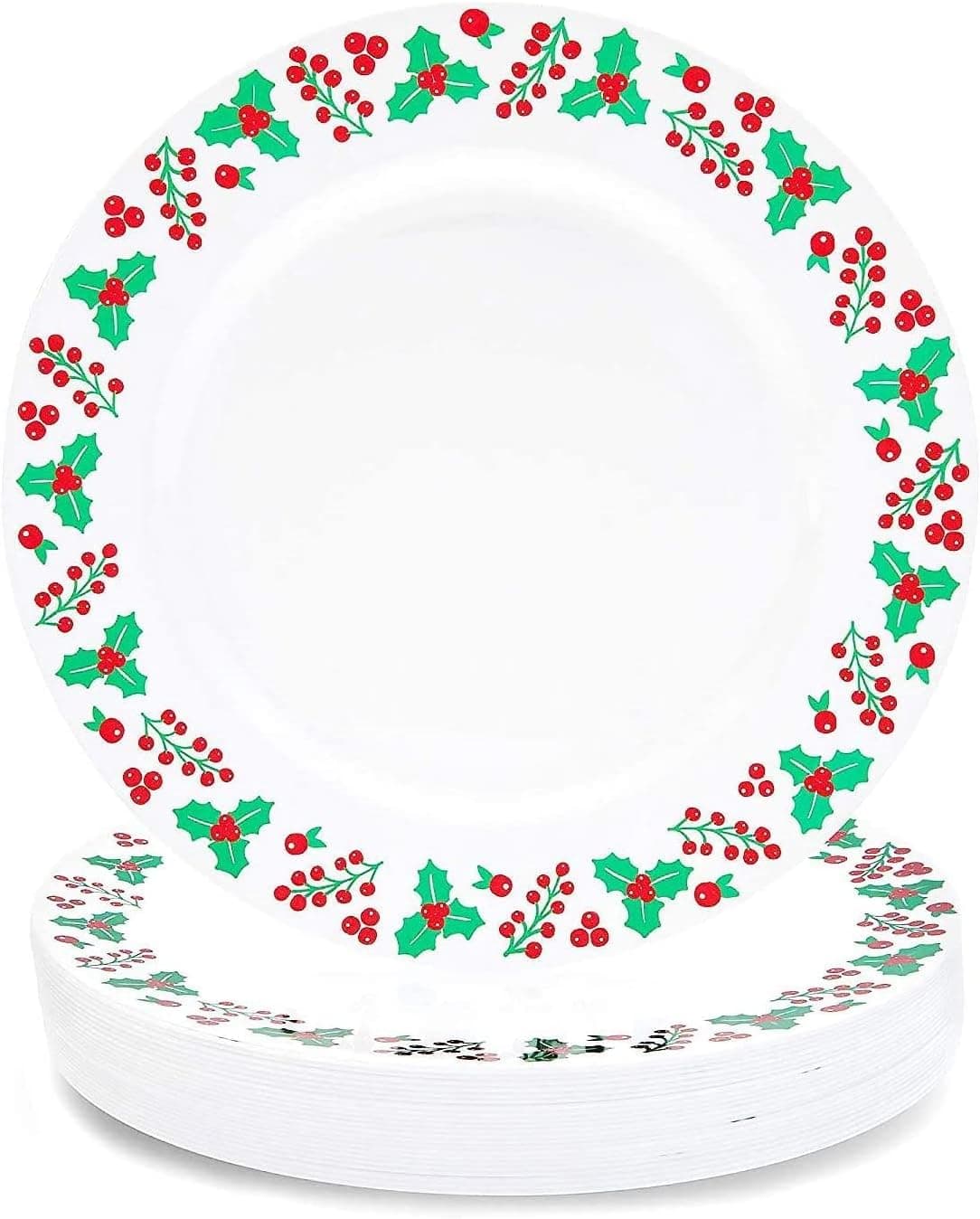 Juvale 24 Pack Reusable Plastic Christmas Plates, Mistletoe and Holly Berry Design for Holiday Party Supplies (9 In)