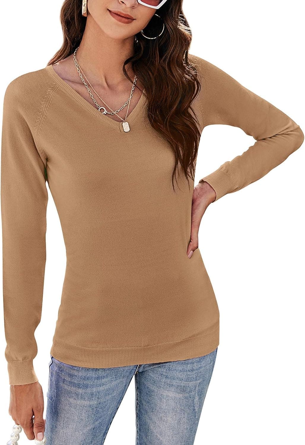 HOCOSIT Women's Classic Long Sleeve Sweater V-Neck Solid Color Casual Tunic Base Raglan Lightweight Pullover Knit Top