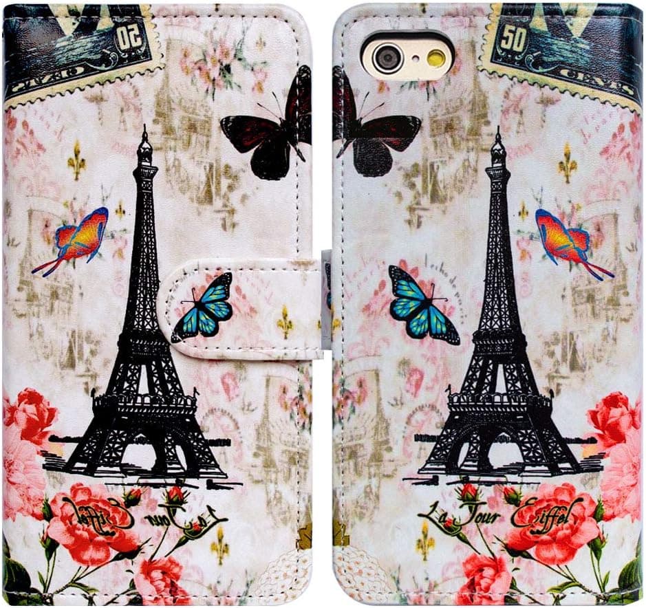 iPod Touch 7 Case,iPod Touch 6 Case,Bcov Paris Tower Butterfly Wallet Flip Leather Cover Case with Credit Card ID Card Slot Holder Kickstand for iPod Touch 7/6/5