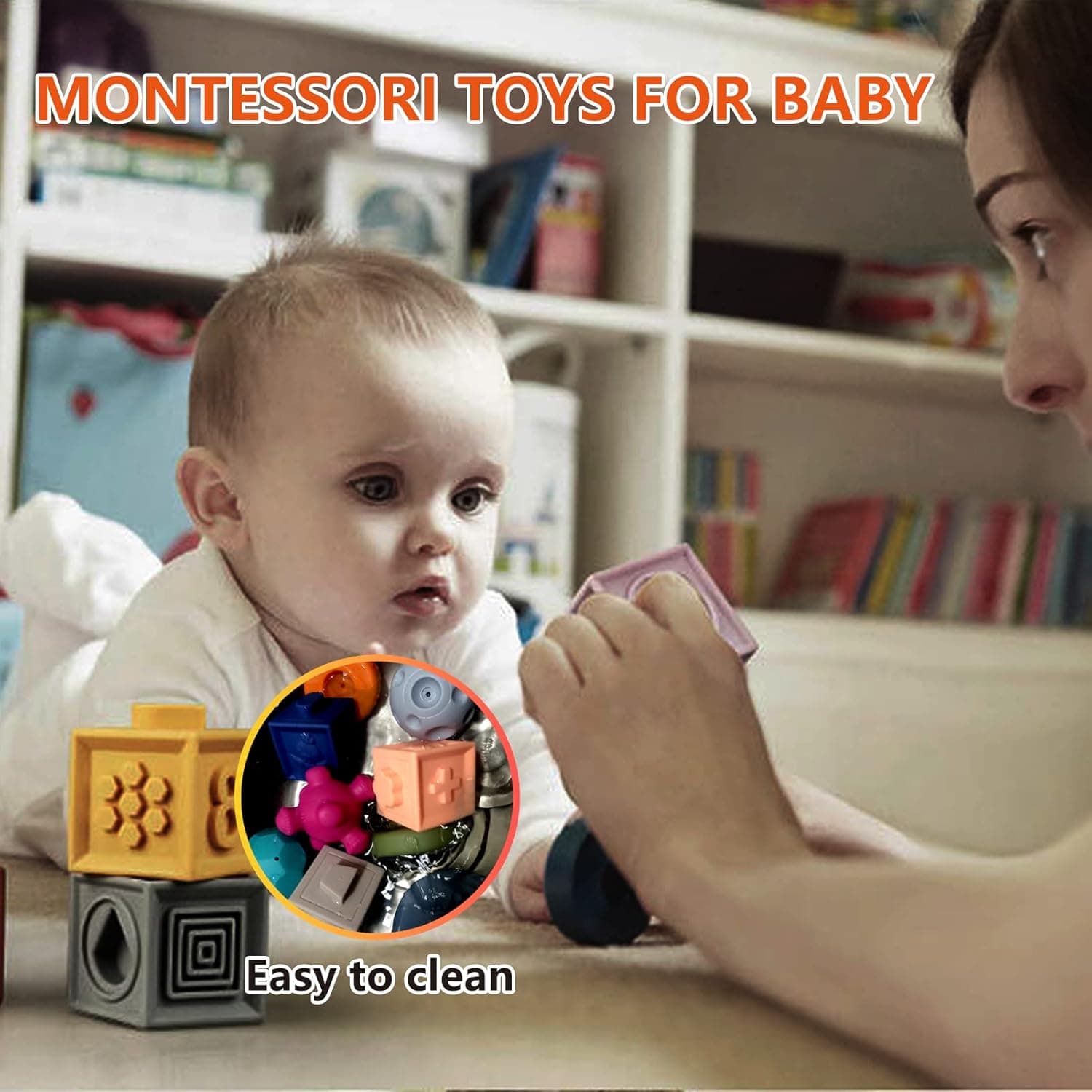 EOMKO 24PCS Montessori Toys for Babies 6-12 Months, Baby Toys 6-12 Months, Incl Soft Infant Teething Toys & Stacking Building Blocks & Sensory Balls for Toddlers 0-3-6-12 Months