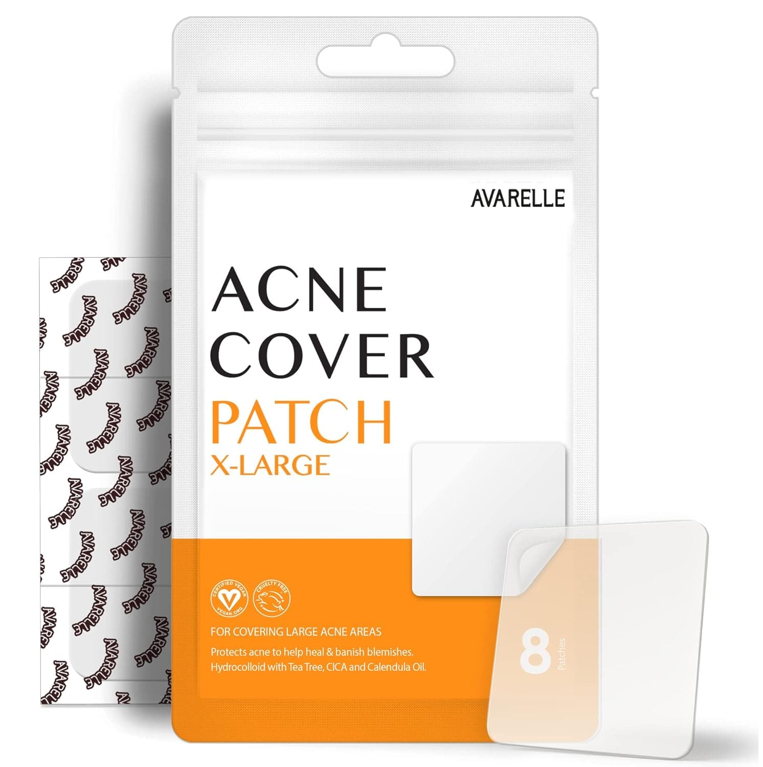 AVARELLE Acne Patches Xl for Face and Body (8 Count) Certified Vegan, Cruelty Free, Carbon Free Hydrocolloid Absorbs Pus From Pimples, Blemishes, and Zits with Tea Tree, Calendula, and Cica (8 Count)