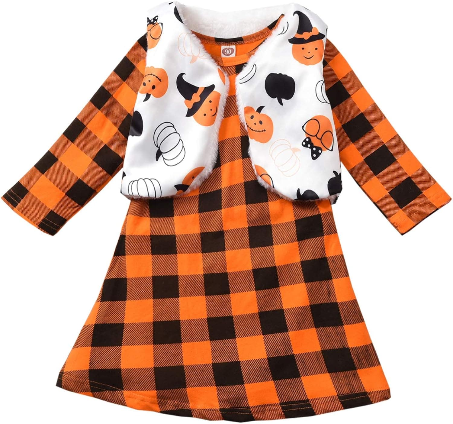 fioukiay Toddler Girls Halloween Outfits 2PC Kids Orange Plaid Dress with Reversible Vest Clothes Set