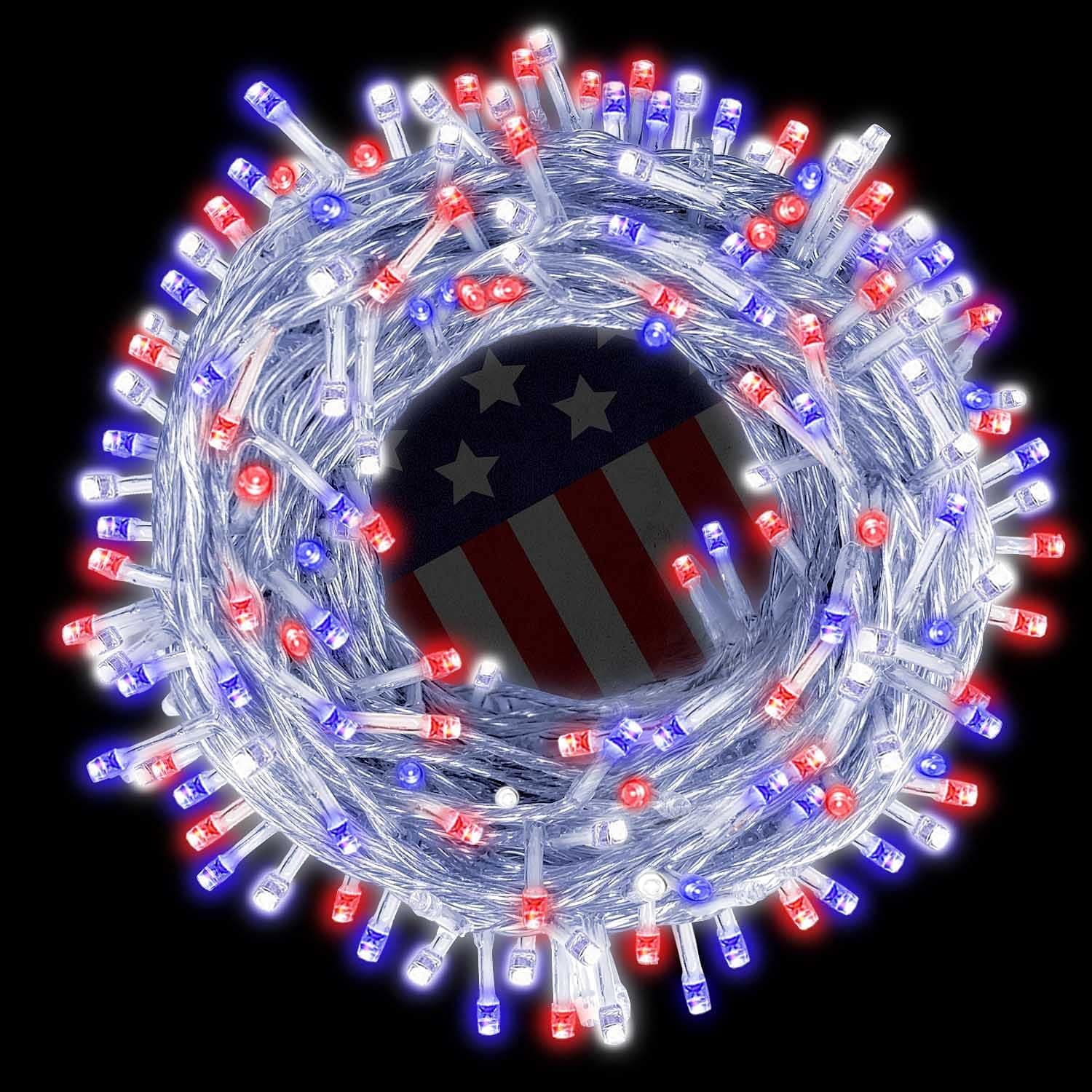 Jyniiw 109ft Red White and Blue Lights, 300LED Fairy String Lights Patriotic Light, 8 Lighting Modes Waterproof Fairy Lights Plug in for Indoor Outdoor Labor Day Independence Day Decorations