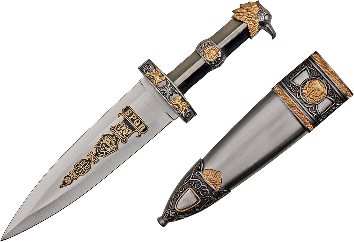 Wuu Jau H-72 Roman Dagger with Eagle Head Designed Handle and Scabbard, 14", Brass Finish