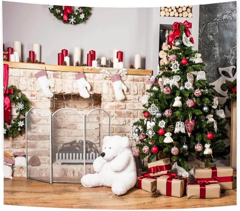 Mocsicka 8x8ft Christmas Backdrop Xmas Fireplace Christmas Tree and Gift White Bear Family Picture Photo Backdrops Home Party Photography Background for Kids and Children