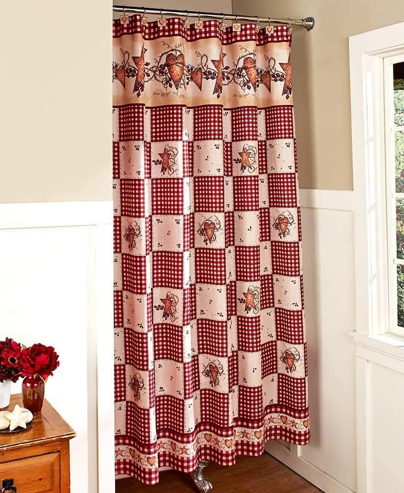 The Lakeside Collection Heart & Star Bathroom Shower Curtain - Rustic Country Restroom Decor