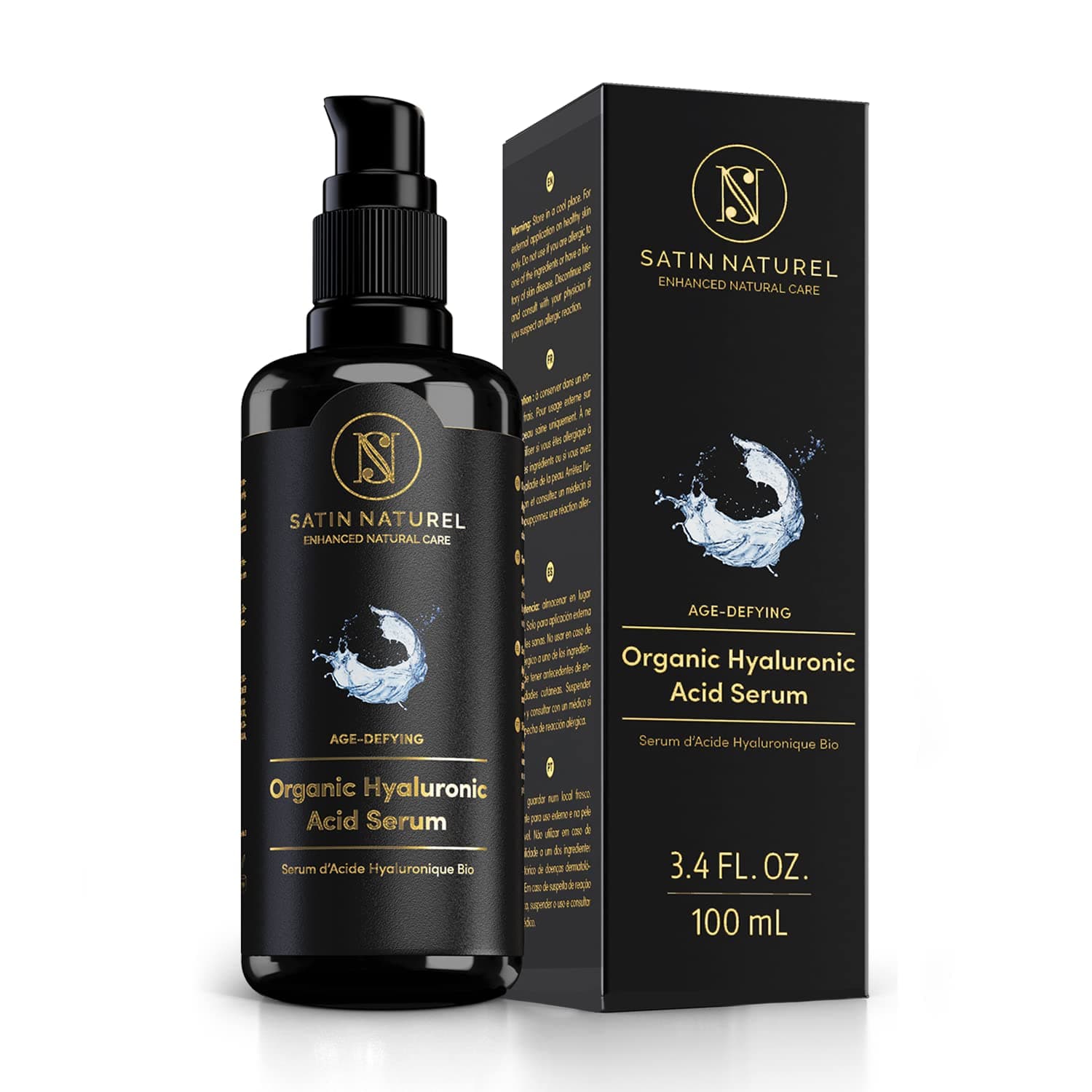 Organic Hyaluronic Acid Serum Face Moisturizer for Sensitive Skin (100ml) - Dermatologically Tested, Organic Ingredients, No Harmful Chemichals - Reduces Wrinkles and Fine Lines - Satin Naturel