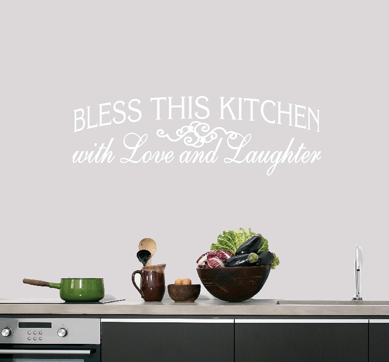 Sweetums Signatures - Wall Decal for Kitchen - Bless This Kitchen with Love and Laughter Sticker - Multiple Size Options - Select Your Color (White, 36" Wide x 12" Tall)