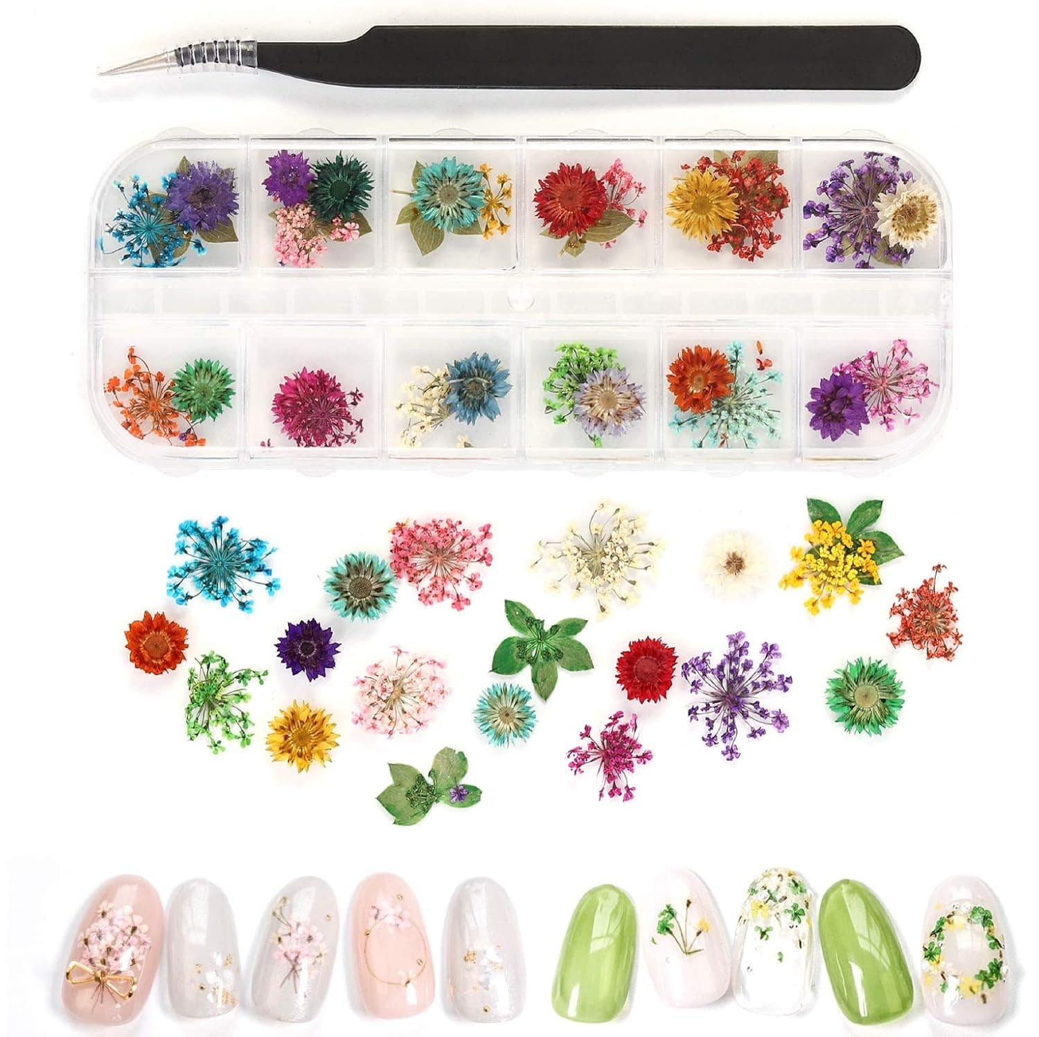 Hanzel 12 Boxes Nail Dried Flowers -Preserved Flower Nail Stickers, Nail Art Manicure Decor Accessories,3D Dry Flower Pedals Leaves Nail Decals with 1pc Nail Art Tweezer (H1)