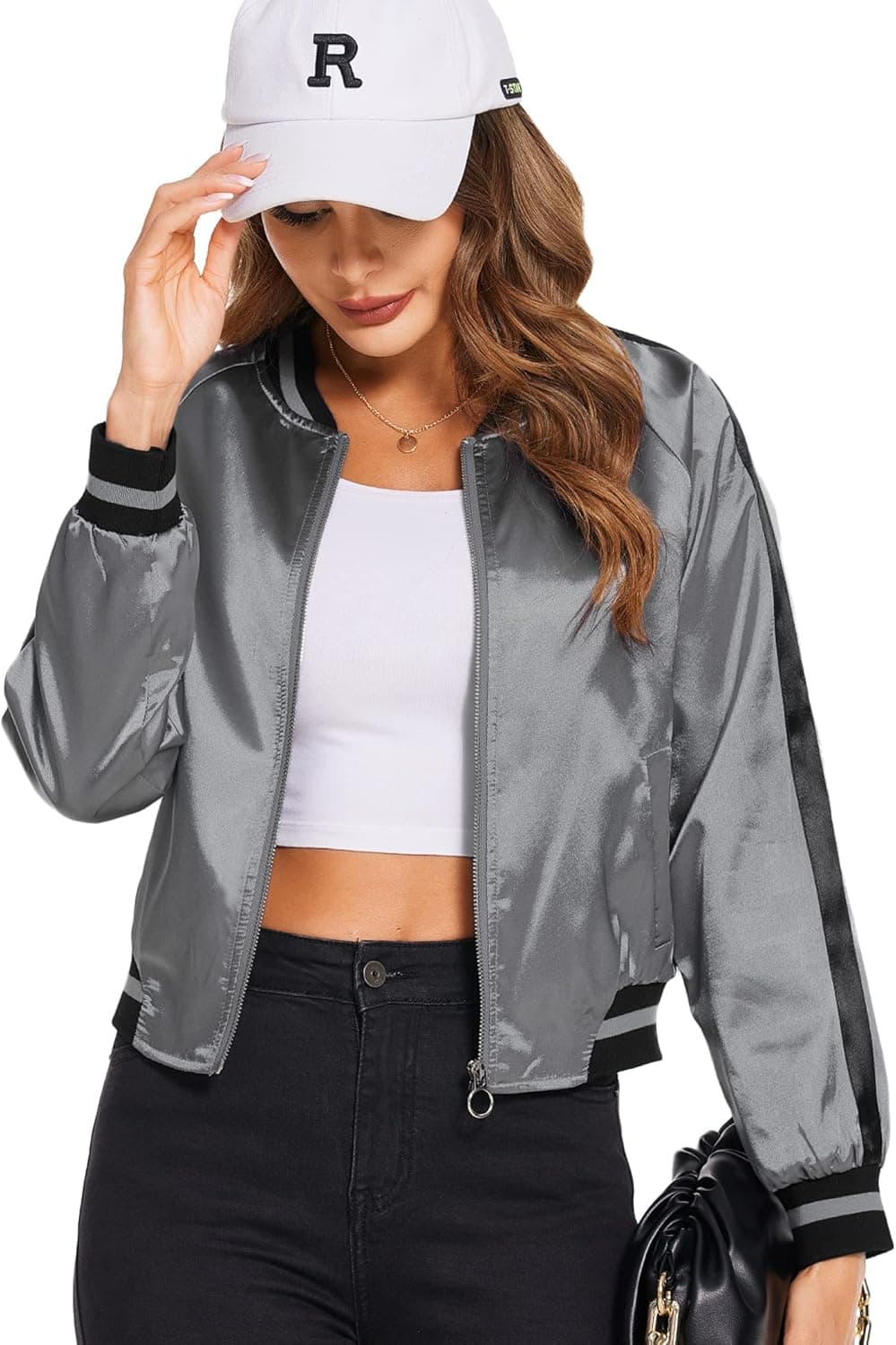 Zeagoo Women's Classic Solid Striped Biker Jacket Zip Up Fashion Bomber Jacket Coat