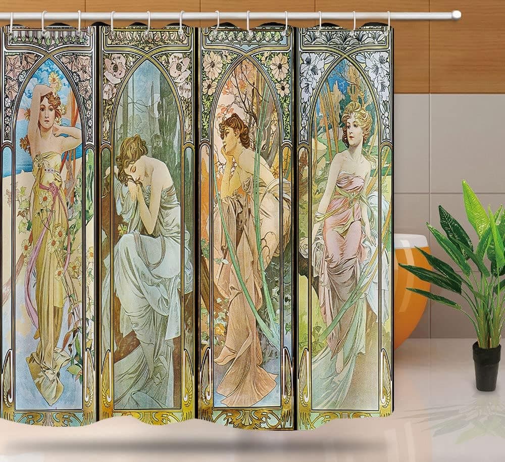 NTETSN Art Nouveau Lady Shower Curtain, Aesthetic Art Times of The Day, Morning Awakening Daybreak Evening Reverie Night's Rest Fabric Shower Curtains with Hooks, 72" x 72", YLYYNT2402