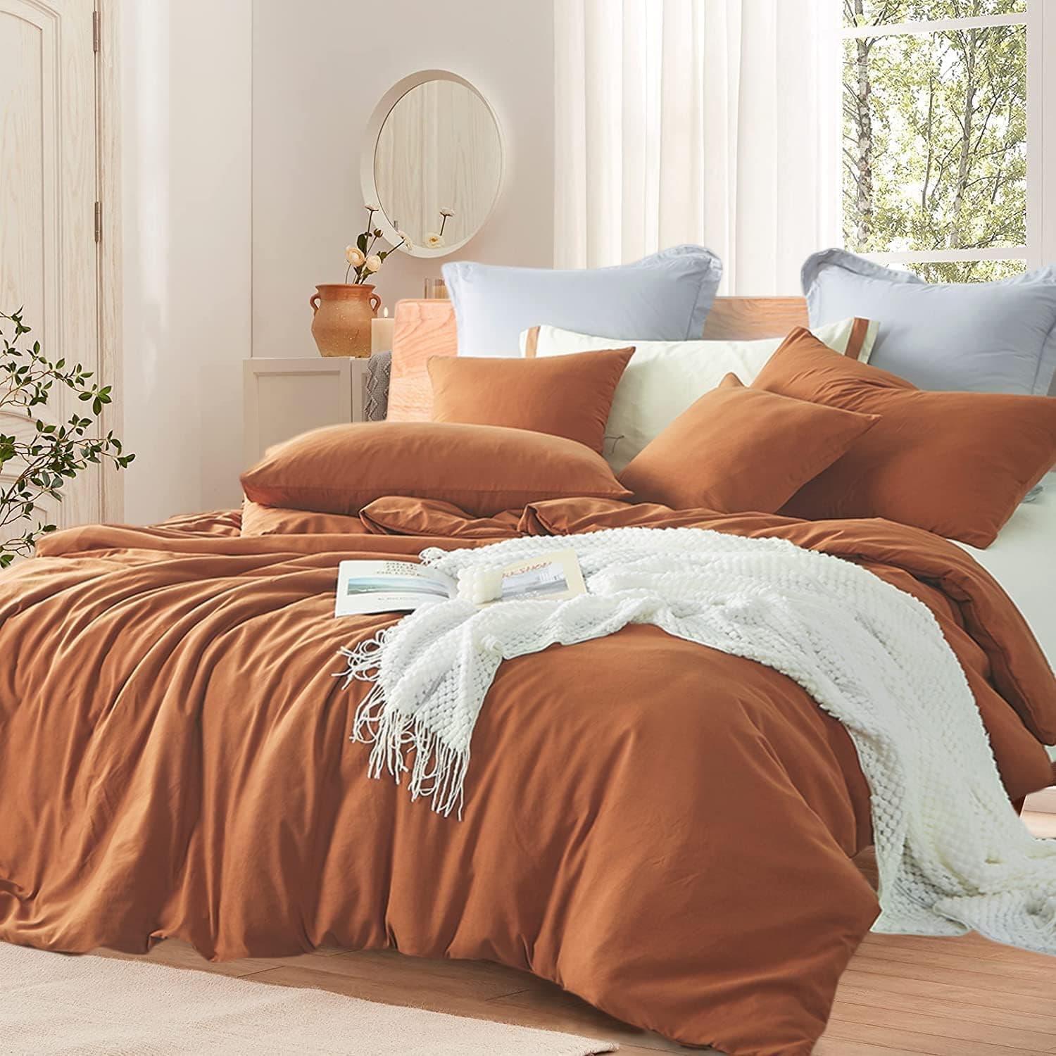 Nayoroom Burnt Orange Duvet Cover Set Queen Size 100% Washed Cotton Caramel Pumpkin Rust Solid Color Bedding Sets 3 Pieces Ultra Soft Breathable Comforter Cover with Zipper Ties Gifts for Women Men