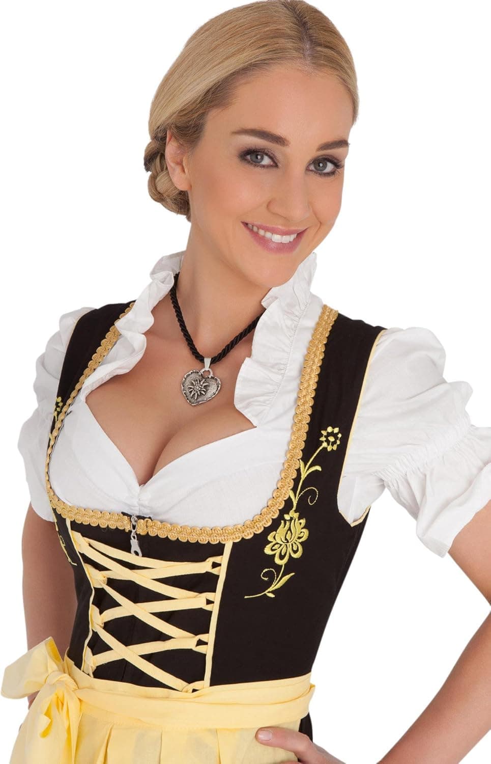 Dirndl Womens 3-Piece Black Midi Dirndl with Yellow Apron