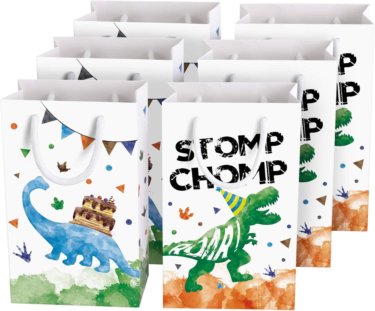 WERNNSAI Watercolor Dinosaur Party Bags - 16 Pack Dinosaur Party Favor Bags for Boys Kids Dino Theme Party Supplies Candy Treat Goodies Gift Bags with Handle