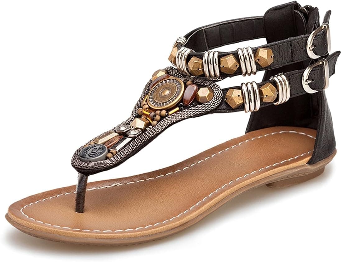 iCKER Women's Ankle Strappy Gladiator Sandals Beach Bohemia Thong Flat Sandal Shoes 0989