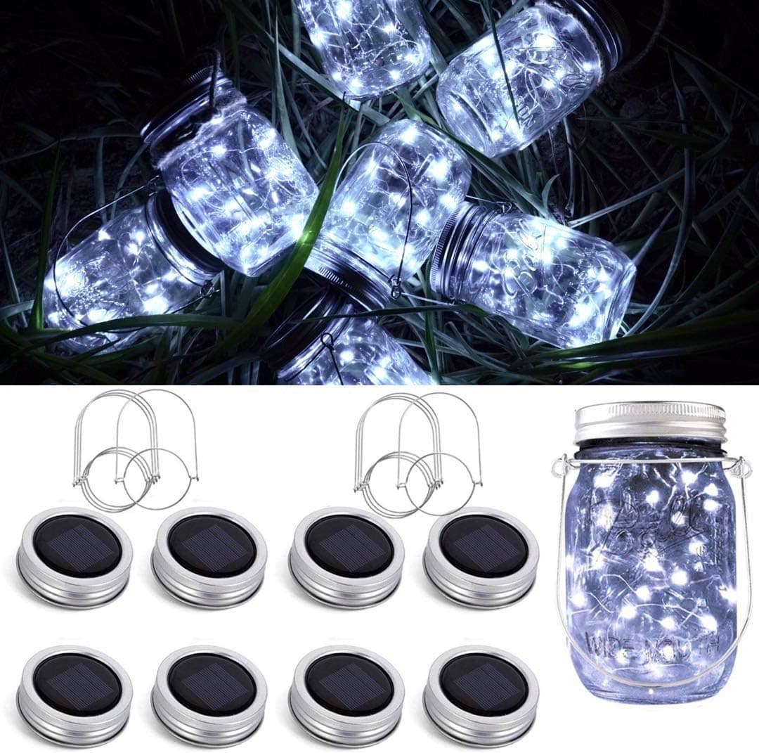 8 Pack Solar Mason Jar Lid String Lights,Cool White Waterproof String Fairy Star Firefly Lights with 8 Hangers included (No Jars),For Regular Mason Jar Patio Garden Wedding Lantern Table Decor