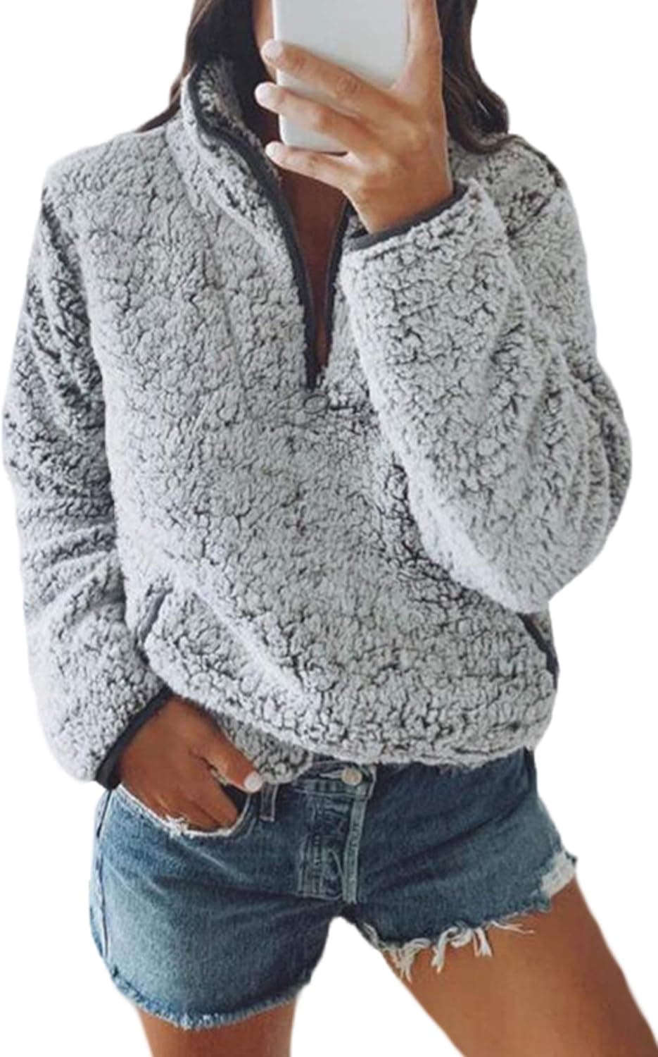 Angashion Fleece 1/4 Zip Up Fuzzy Sherpa Pullover Sweatshirt Fluffy Outerwear Coat for Women with Pockets Black Gray M