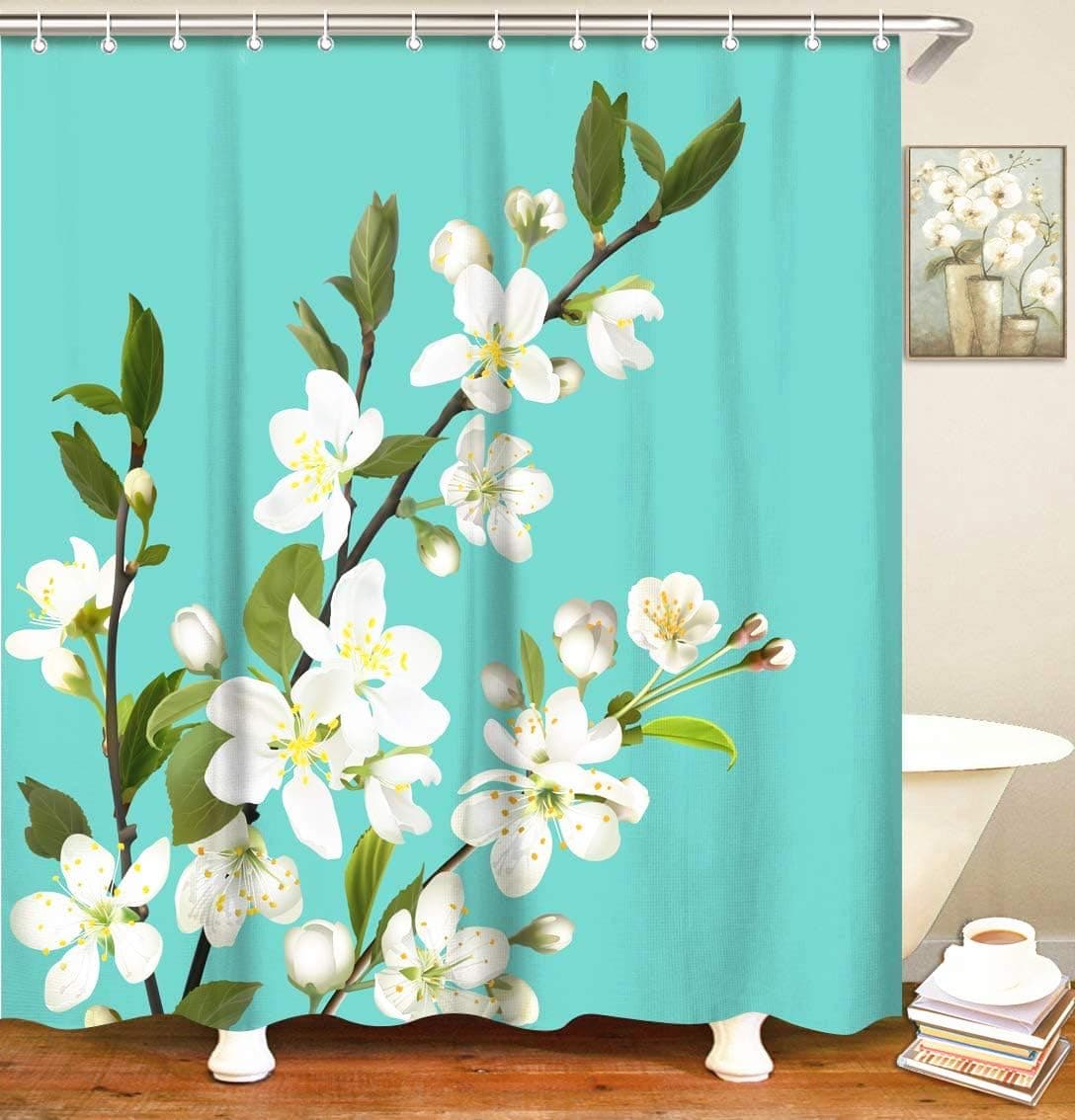 LIVILAN Floral Shower Curtain, White Flowers Fabric Bathroom Curtains Set with Hooks Summerummer Bathroom Decor 72x72 Inches Machine Washable