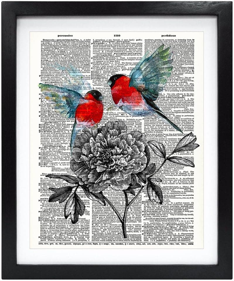 Susie Arts 8X10 Unframed Birds and Flowers Upcycled Vintage Dictionary Art Print Book Art Print Home Decor Funny Wall Art V155