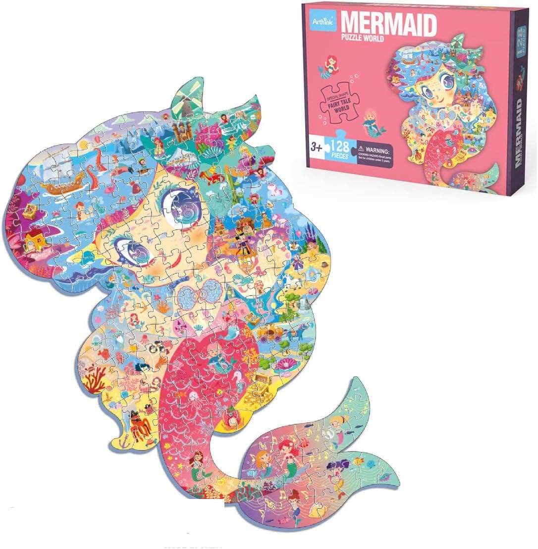 128 Piece Puzzles for Kids Animal Shaped Jigsaw Puzzles Floor Puzzle for Kids Ages 6+ Educational Learning Gifts for Boys and Girls (25" x 17" Mermaid)