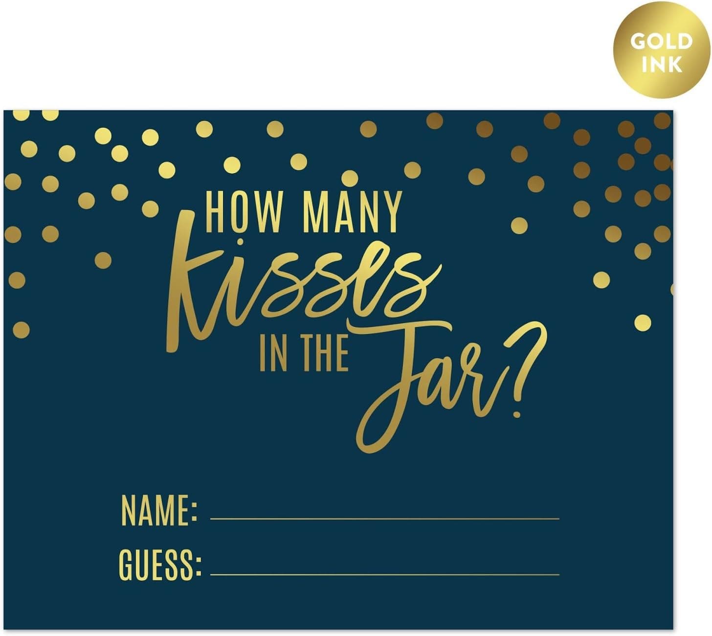 Andaz Press Navy Blue and Metallic Gold Confetti Polka Dots Bachelorette Party Bridal Shower Collection, How Many Kisses are in The Jar Game Cards, 30-Pack