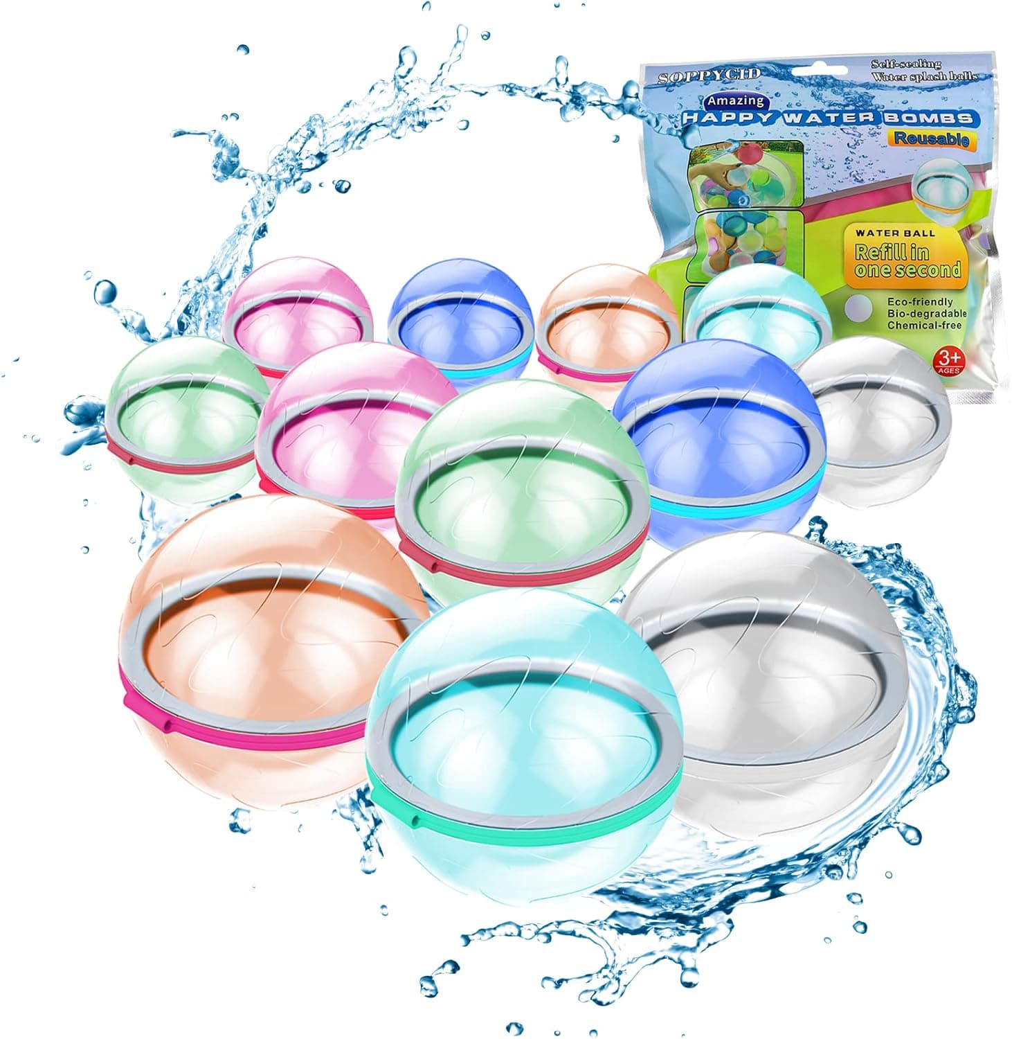 Reusable Water Balloons, Summer Quick Fill Water Balloon, Self Sealing Reusable Water Bombs for Beach Pool Outdoor Activities Water Games (Multicolor-12PC)
