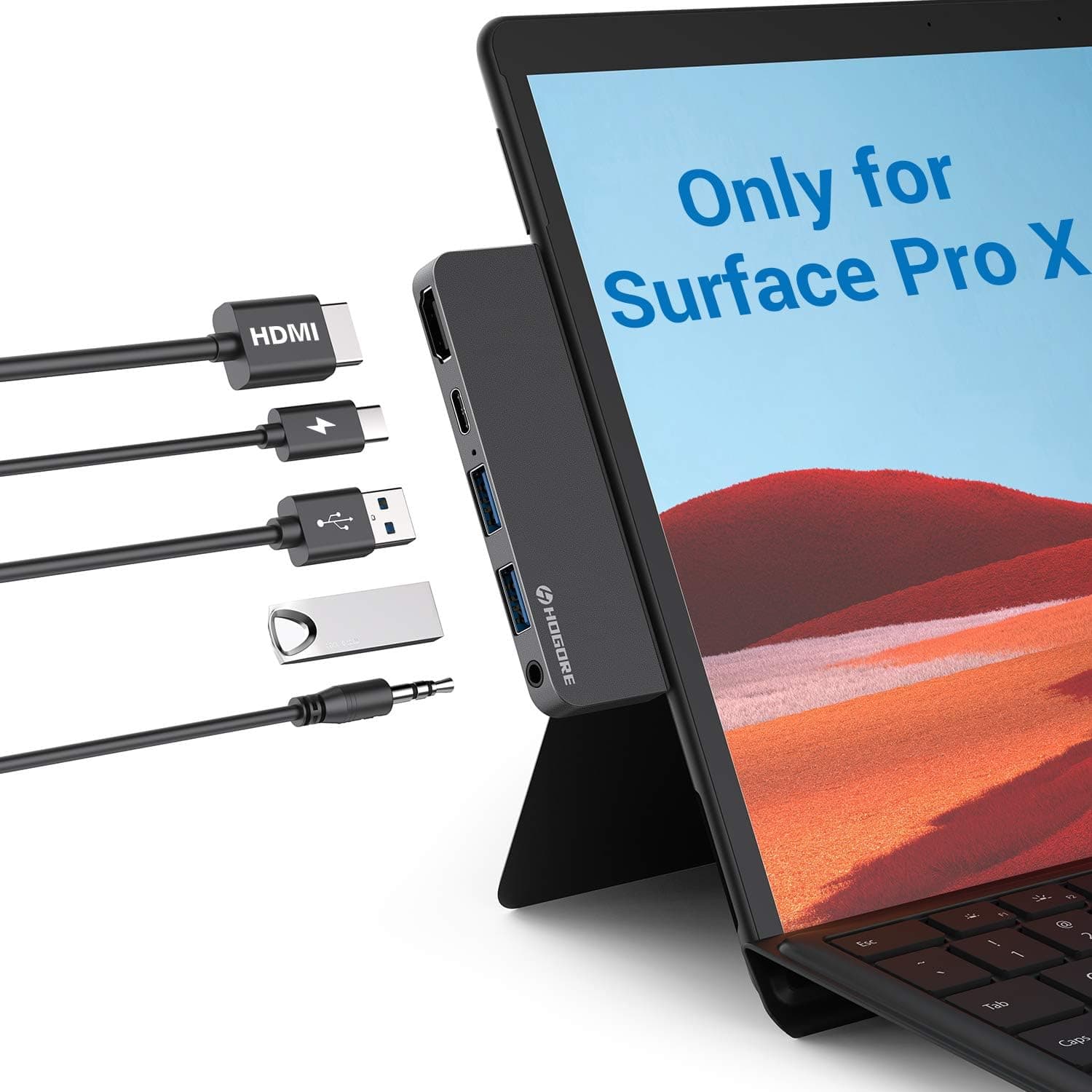 Surface Pro X USB C Hub, HOGORE Surface Pro X Adapter Dock with 4K HDMI, USB C PD Charging, 2USB3.0, Headphone Jack for Microsoft Surface Pro X Accessories, MS Surface Pro X Docking Station
