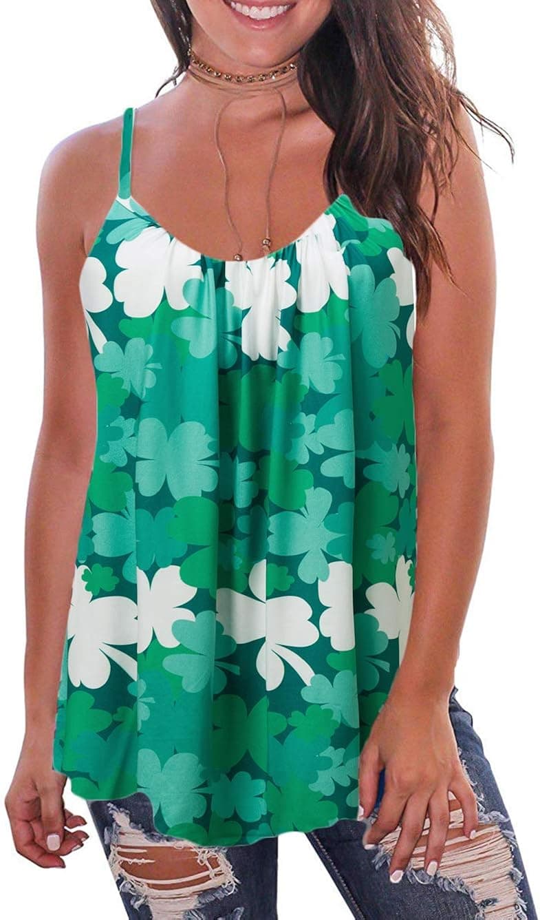 Kaei&Shi Print Long Vest,Flowy Tank Top for Women,Loose Cami,Pleated Dressy Swing Spaghetti Strap Camisole
