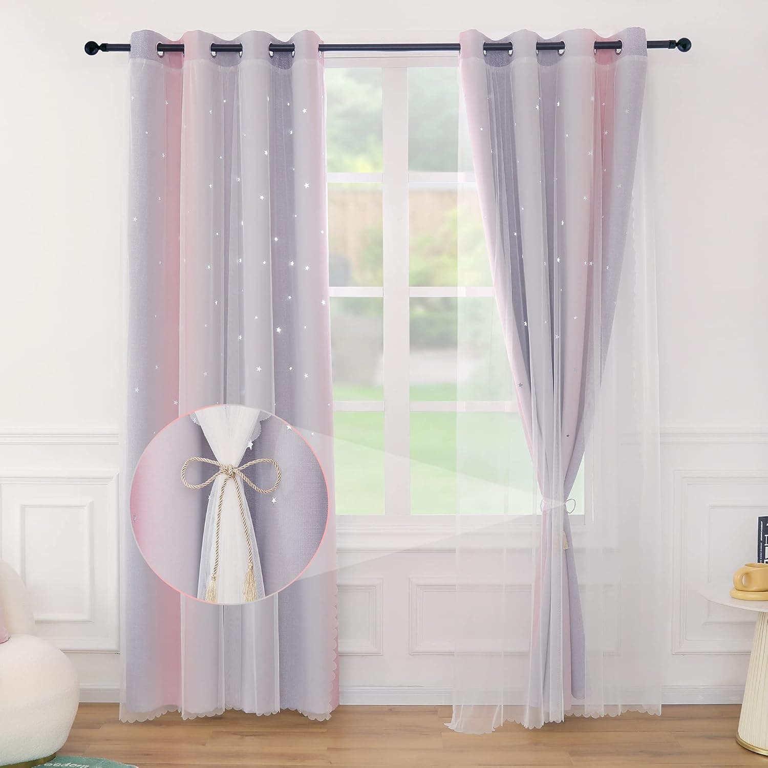 Lofus 2 Panels Star Curtains for Kids Bedroom Light Blocking Voile Overlay Colorful Striped Layered Window Curtain Star Hollowed Blackout Curtains for Girls Room 52x95 inch, (Pink-Grey)