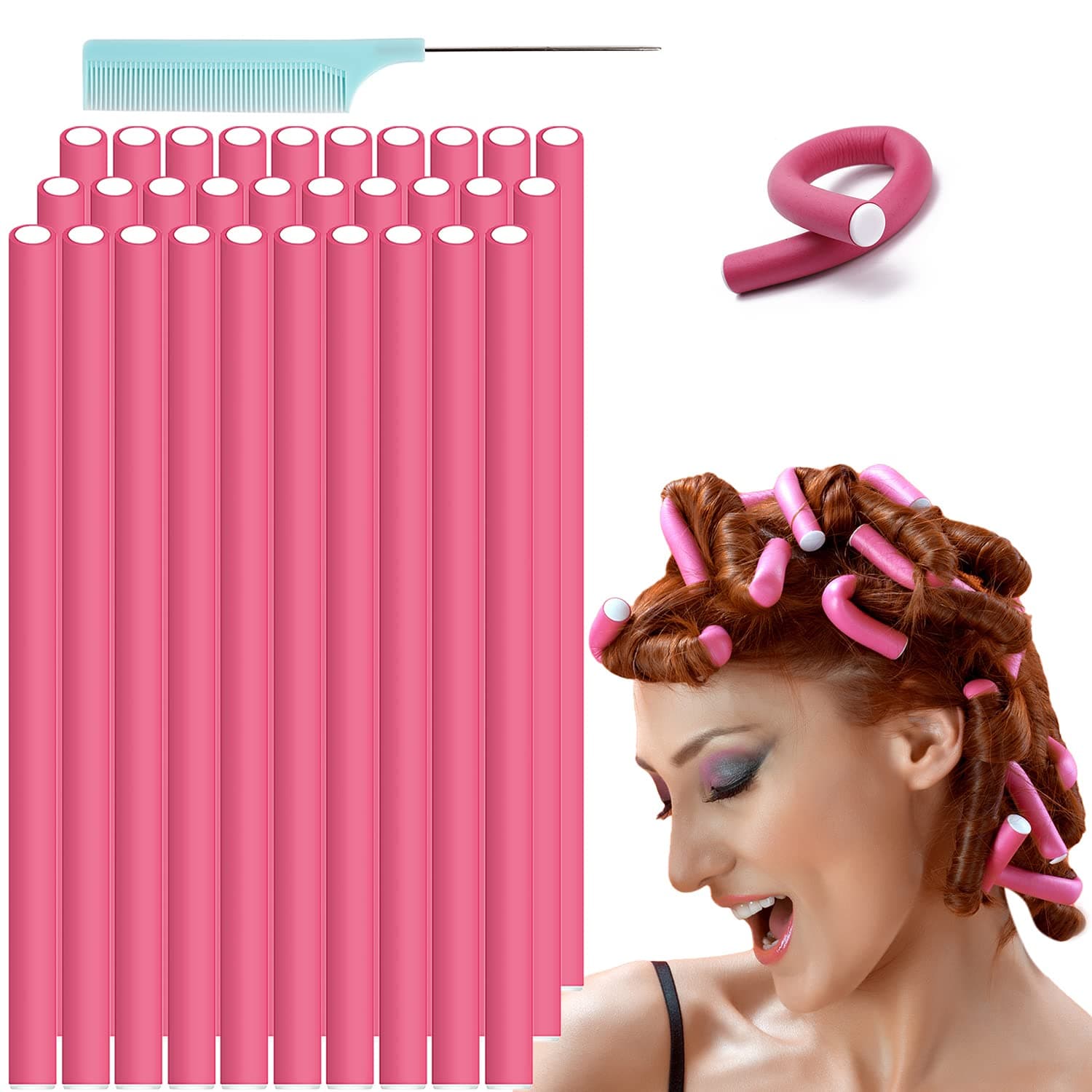 Hair Twist Flexi Rods,Flexible Curling Rods 30 Pcs, 9.5“×0.47” Extended Edition Foam Curler Twist Flex Rods For Curling Short Hair Long Hair,No Heat Hair Rods With Portablel Bag and Comb(Pink)