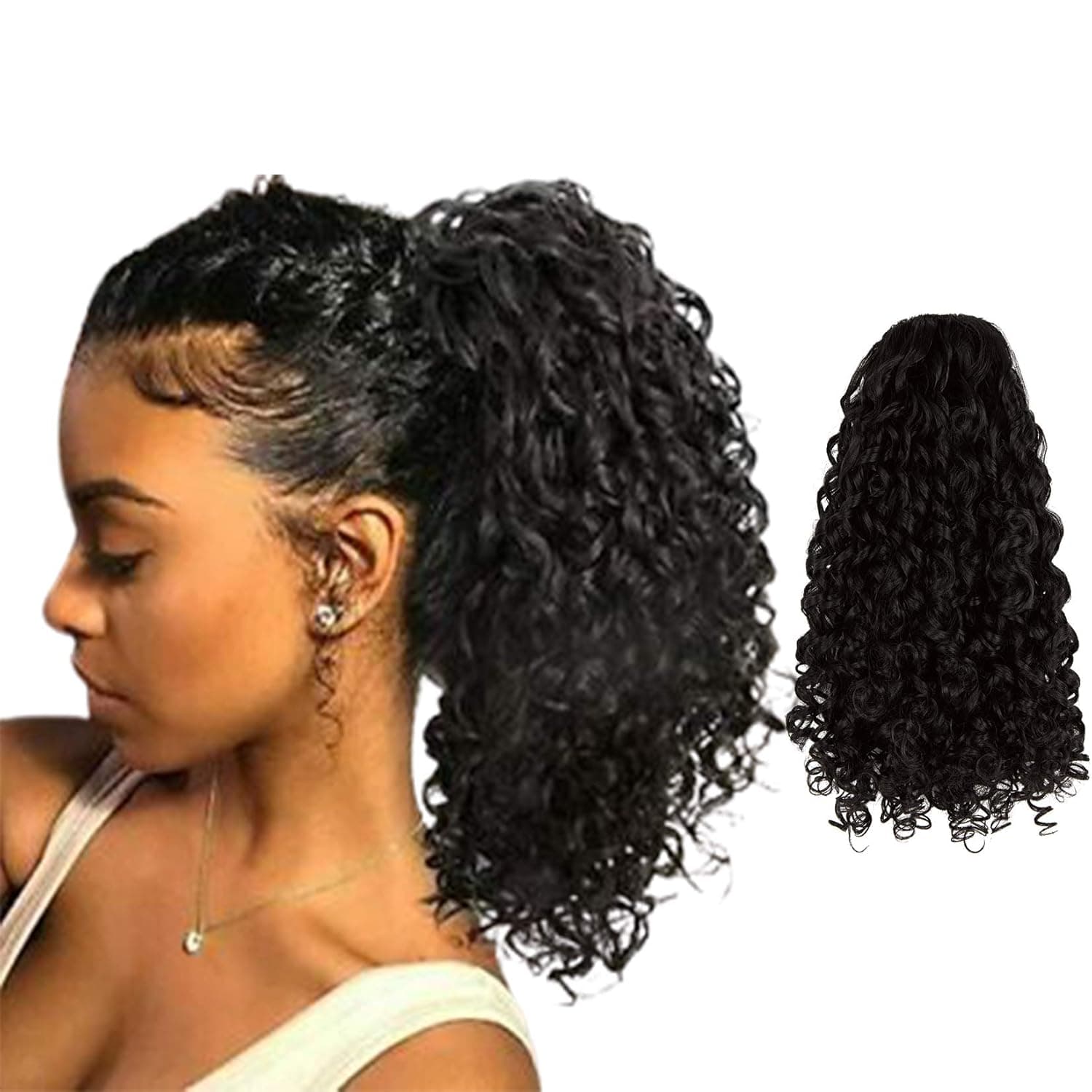 CAREONLINE Curly Ponytail Extension Drawstring Ponytails for Black Women Synthetic Curly Drawstring Ponytail with 2 Clips on Short Afro Kinky Ponytail Extension for African Women (1b#)