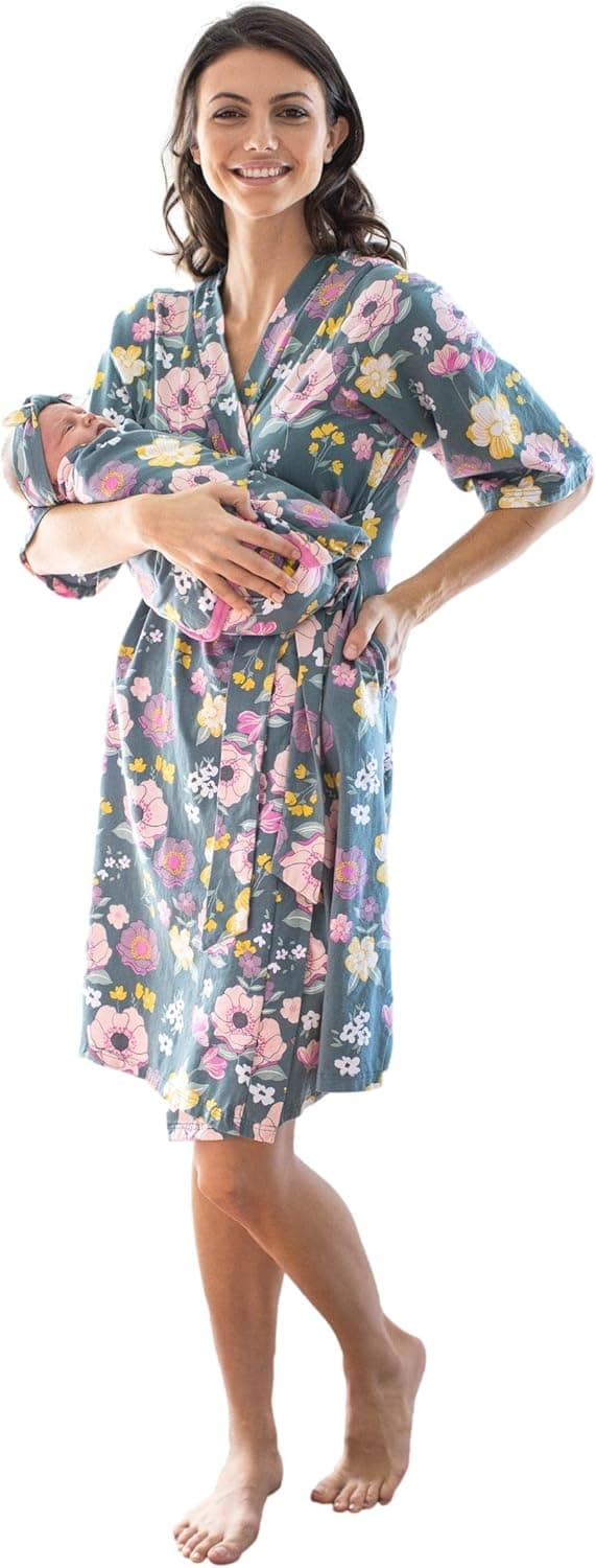 Baby Be Mine Maternity Mommy & Me Delivery Robe with Matching Baby Swaddle Blanket & Hat Set