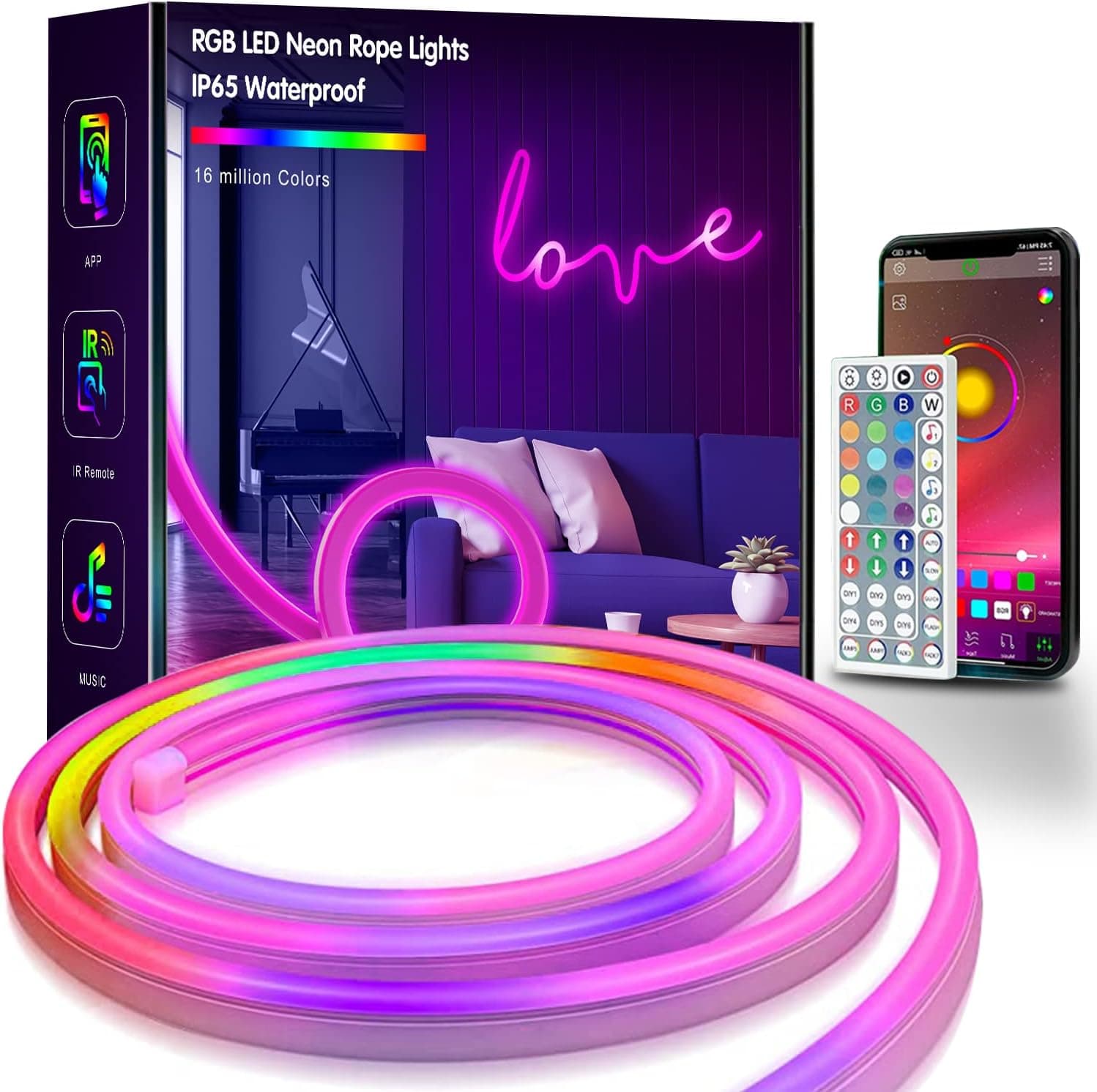 L8star 16.4ft Neon Lights RGB LED Neon Rope Light with Remote Control, LED Neon Light Strip Smart Color Changing LED Strip Lights 5050 DIY Mode Rope Lights for Indoors Outdoors Decor