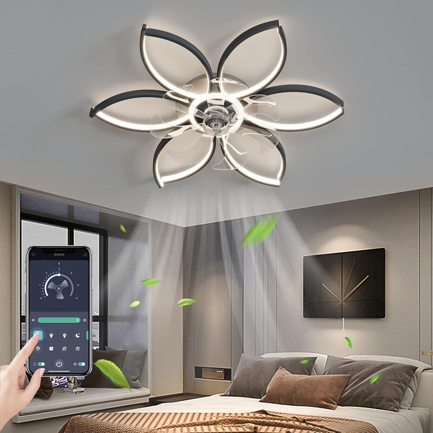 REYDELUZ 27'' Modern Indoor Flush Mount Ceiling Fan with Lights Remote Control, Remote & APP Control Low Profile Bladeless Ceiling Fans for Bedroom/Living Room/Small Space