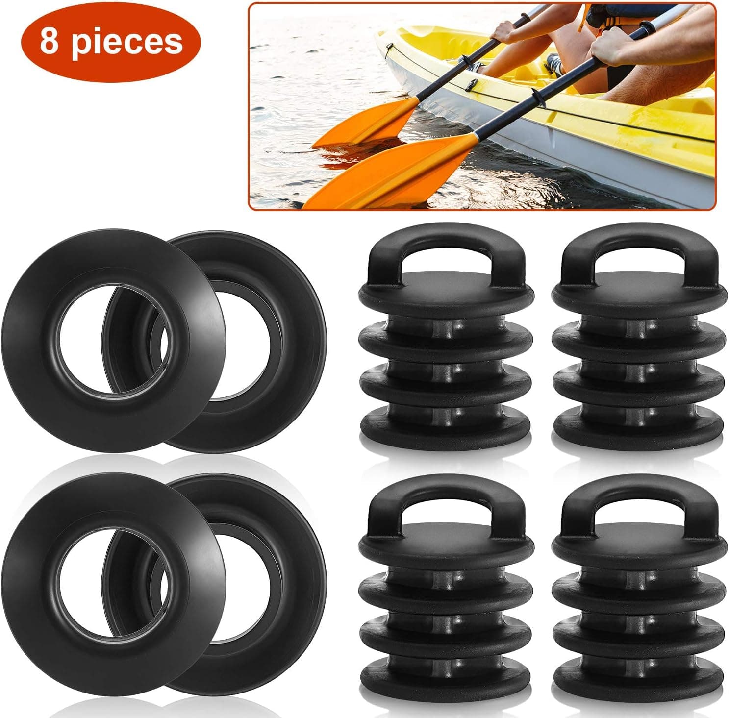 8 Pieces Kayak Paddle Drip Rings Kayak Marine Boat Scupper Stoppers Scupper Plugs Bungs Kayak Accessories for Kayak and Canoe Oars No More Sliding Up and Down and Drain Holes Plugs Replacement, Black