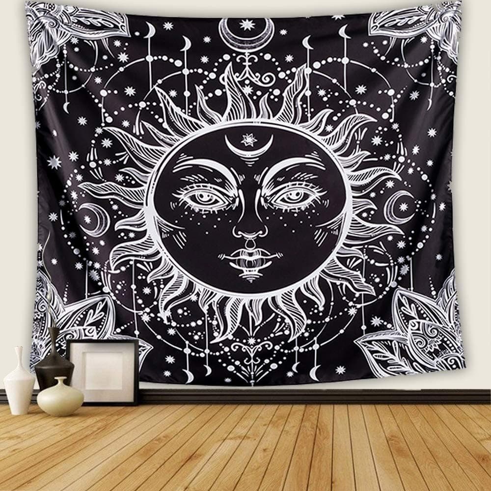 Letsroam 2 Sun and Moon Psychedelic White Celestial Indian Bohemian Hippy Mandala Tapestry Dorm Decor Wall Hangings for Bedroom Living Room, 51.2“x59.1, Black Face