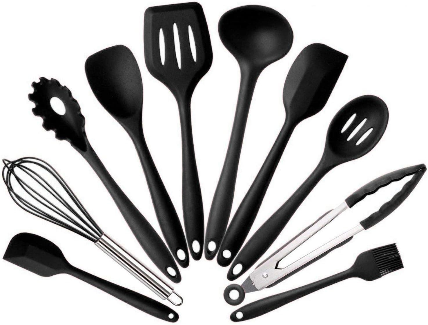 10Pcs/set Silicone Heat Resistant Kitchen Cooking Utensils spatula Non-Stick Baking Tool tongs ladle gadget by BonBon (black)