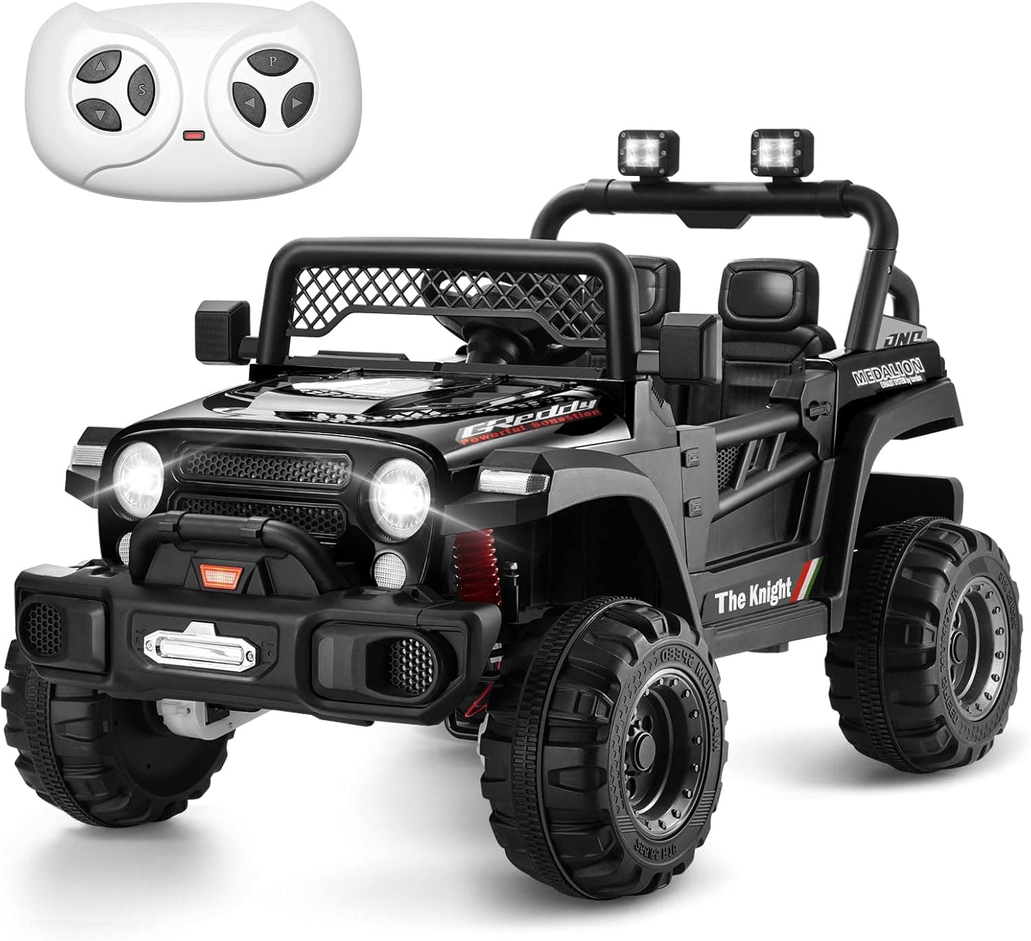 TEOAYEAH 4WD Electric Car for Kids, 12V Battery Powered Wheels with Manual/Parent Control, Seatbelt, Spring Suspension, Storage Trunk, Wireless Music/USB
