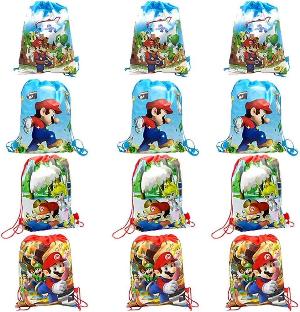 12 Pack Super Mario Non-Woven Drawstring Goodie Bags for Party Favors,Kid's Gift,School Backpacks (style2)