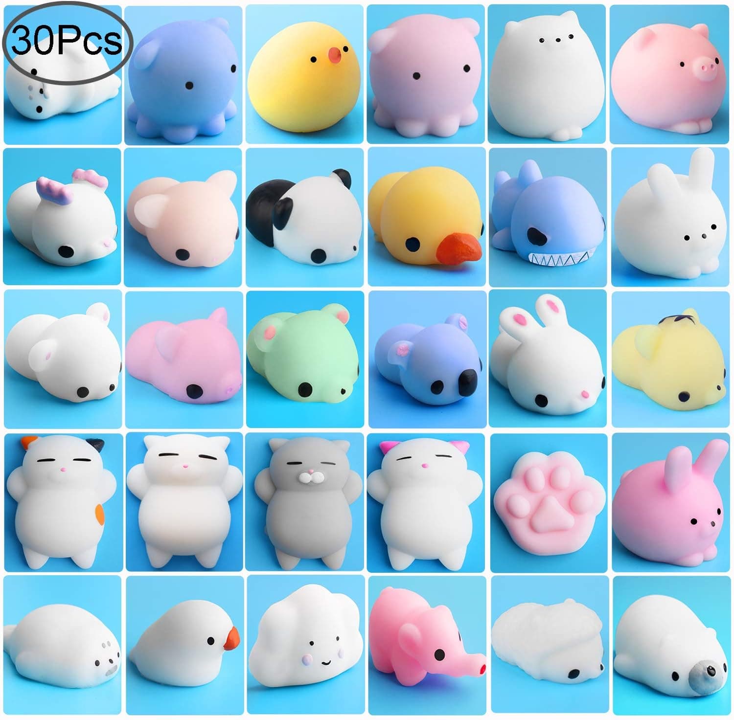 Outee Mochi Squishies Mini, 30 Pcs Mochi Squishies Toys Animal Stress Mochi Squishies Cat Mini Animal Squishies Toys Mochi Squeeze Toys Mini Seal Bear Tiger Cloud Squishies, Random Color
