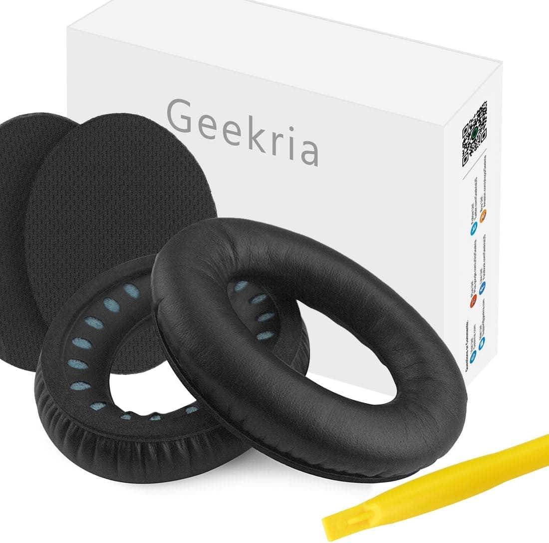 Geekria QuickFit Protein Leather Replacement Ear Pads for Bose QuietComfort 15, QC15, QC2 Headphones Earpads, Headset Ear Cushion Repair Parts (Black)