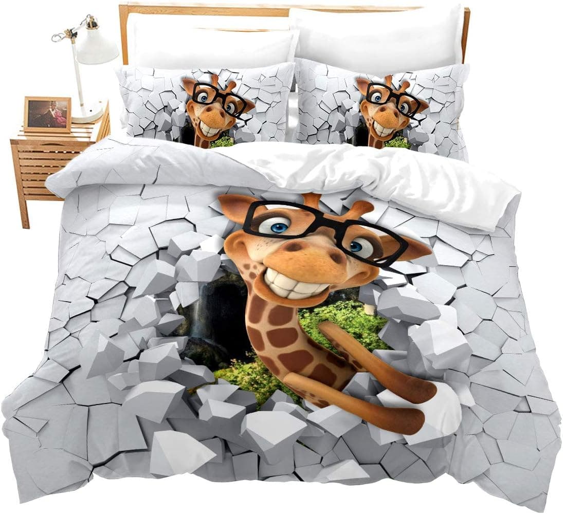 Feelyou Peaceful Animals Bedding Set Twin Giraffe Decor Wall Adult Kids Comforter Set 2 Pieces Safari Decker Room Home Comforter Cover Modern Funny Bedding Duvet Cover with 1 Pillow Shams Zipper Ties