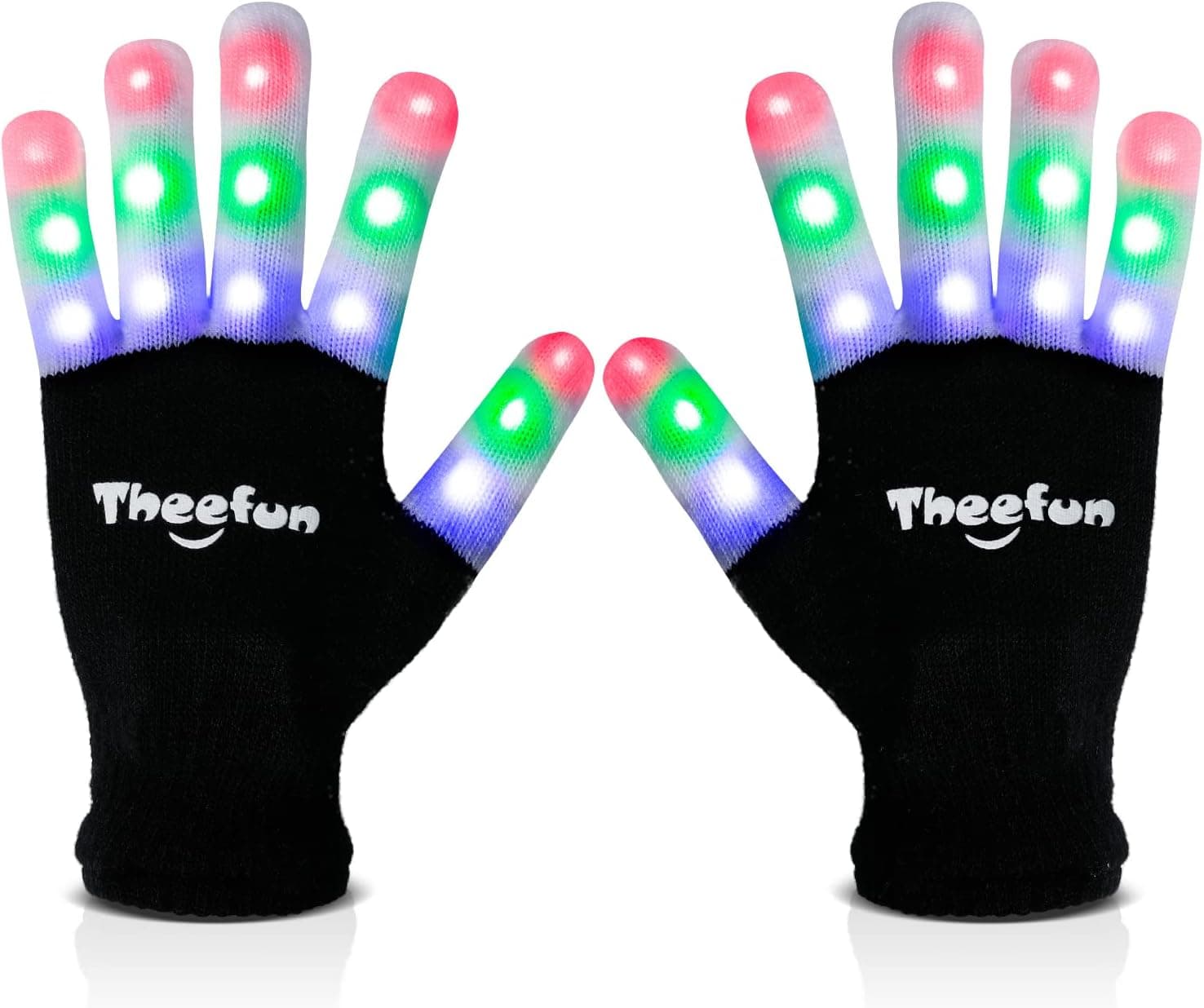 Theefun Led Gloves for Kids, 3 Color 6 Modes Led Flashlight Gloves for 5-8 Years Old Boys and Girls, Costume Toys for Christmas Halloween Birthday Party - 8pc Batteries Included, Small