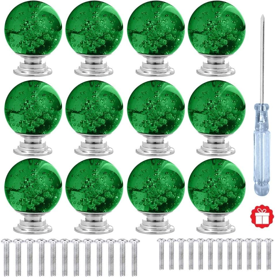 ANJUU 12 Pcs 30mm Round Shape Bubble Crystal Glass Cabinet Knobs with Screws Drawer Knob Pull Handle Used for Kitchen, Dresser, Door, Cupboard (Green)